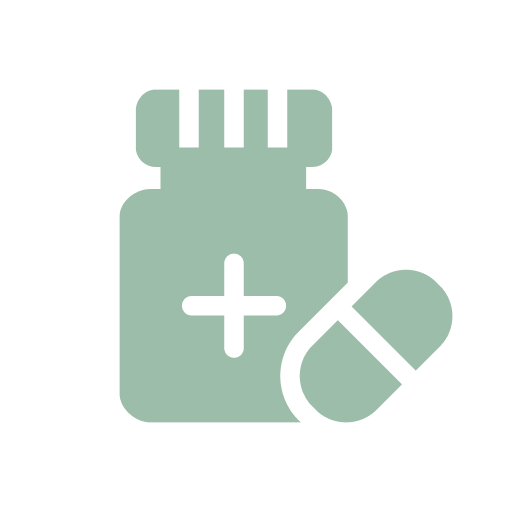 Medicine bottle and capsule icon in green and white colors.
