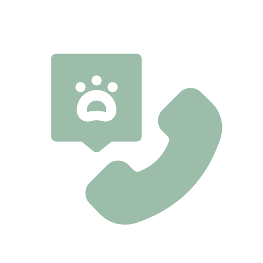 Icon of a phone receiver next to a speech bubble with a paw print.