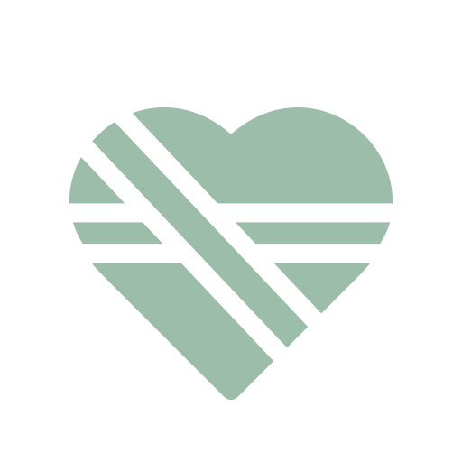 A green heart with white diagonal bands across it.