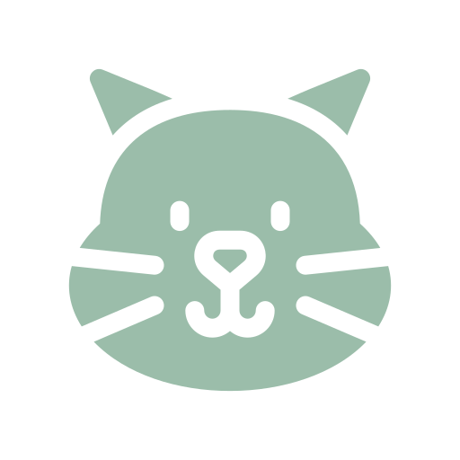 Simple illustration of a green cat face with white details for whiskers and nose.