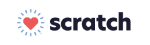 Logo of Scratch featuring the word 'scratch' in black with a red heart and a blue sunburst symbol.