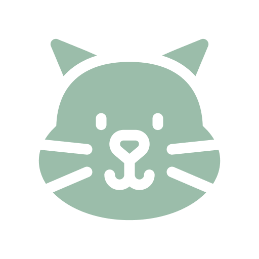 A simple green icon of a cat's face with white details.