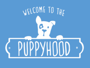 A cute cartoon puppy holding a sign that says "Welcome to the Puppyhood."