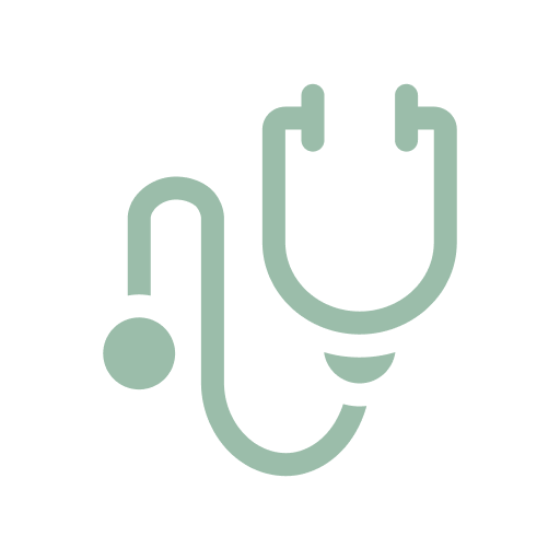 A green stethoscope icon on a white circle background.