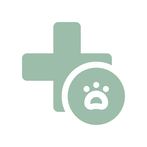 Green plus sign with a paw print icon inside a circle.